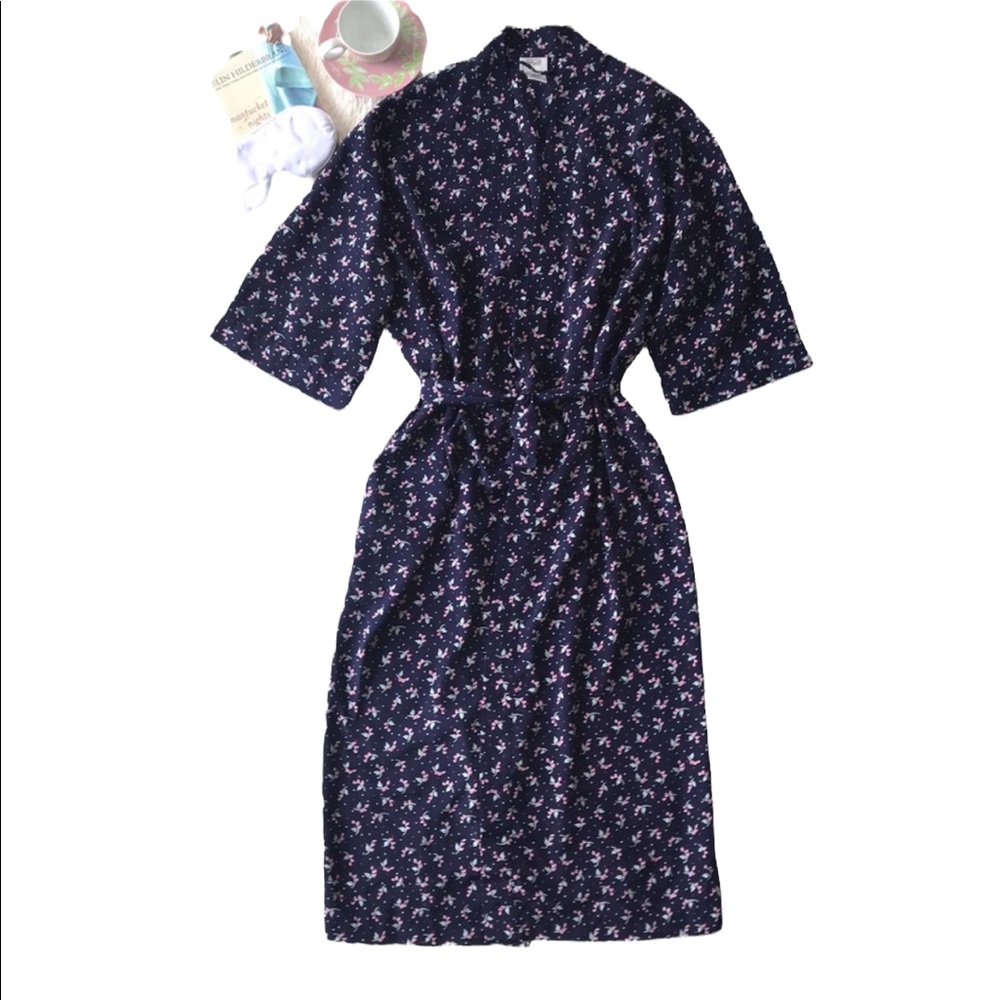 Talbots navy cherry blossom print kimono robe Sz M